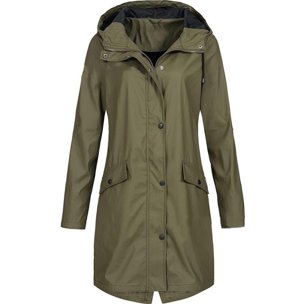 Women Solid Rain Outdoor Plus Size Hooded Raincoat Windproof Long Jacket Coat
