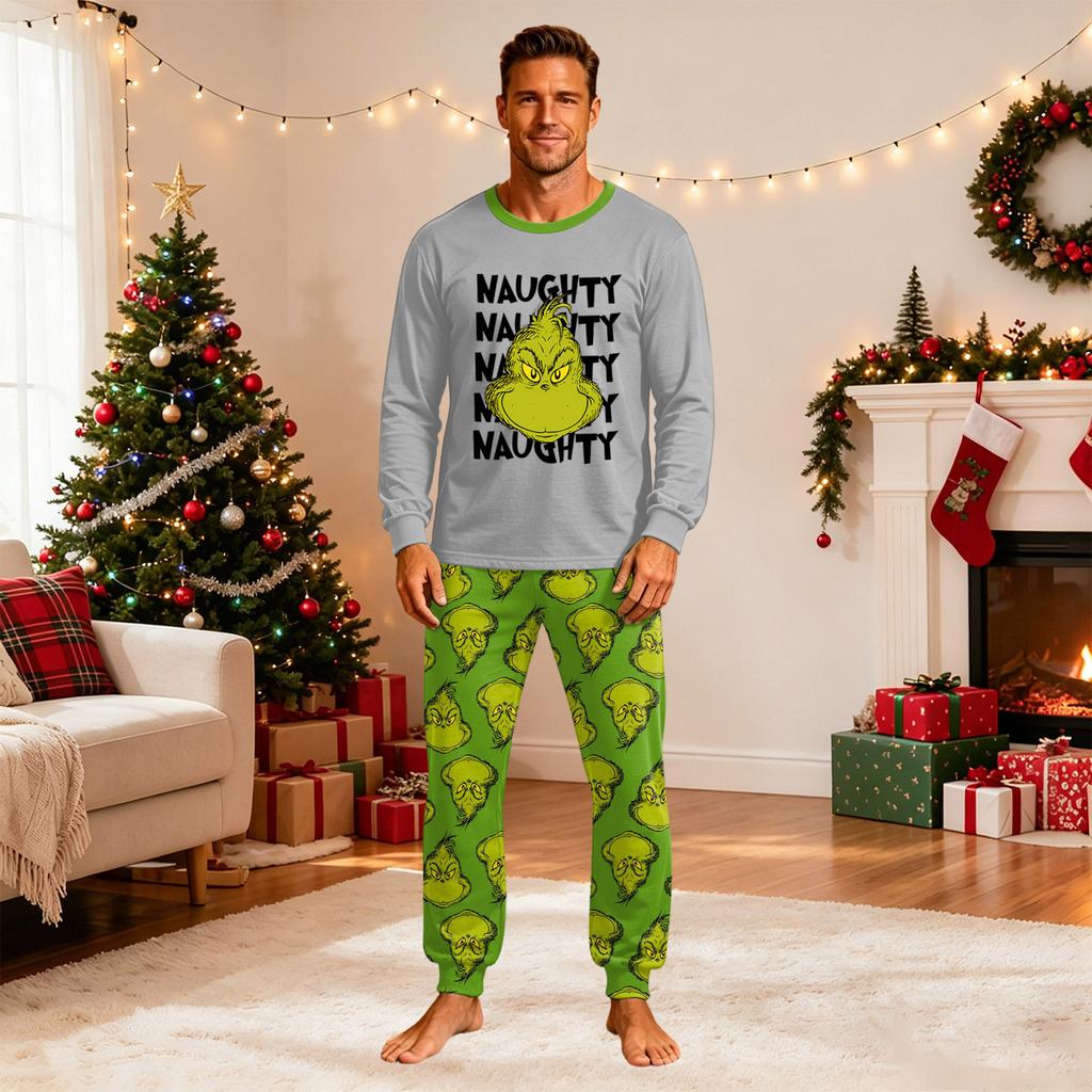 Christmas Print Matching Family Pajama Set Long Sleeve Neck Top and Pants for Parents and Kids