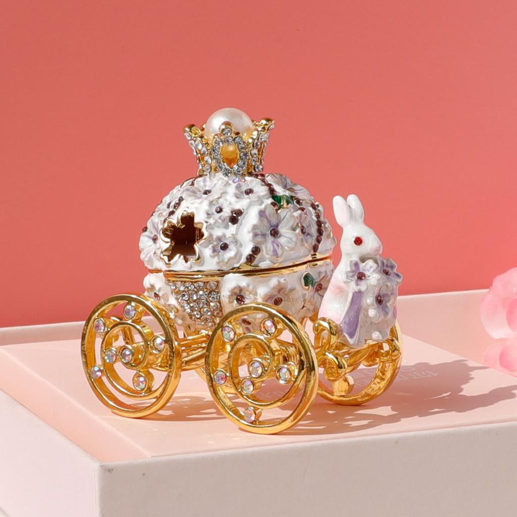 Enamel Blue Sakura Rabbit Carriage Jewelry Box Wedding Ring Gift Case