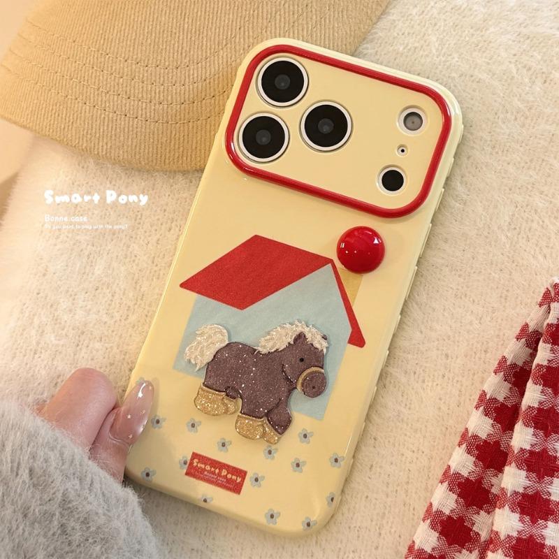 Korean 3D Cartoon Pony Horse Glitter House Phone Case For iPhone 17 16 15 14 13 12 Pro Max Shockproof Protective Soft Cover