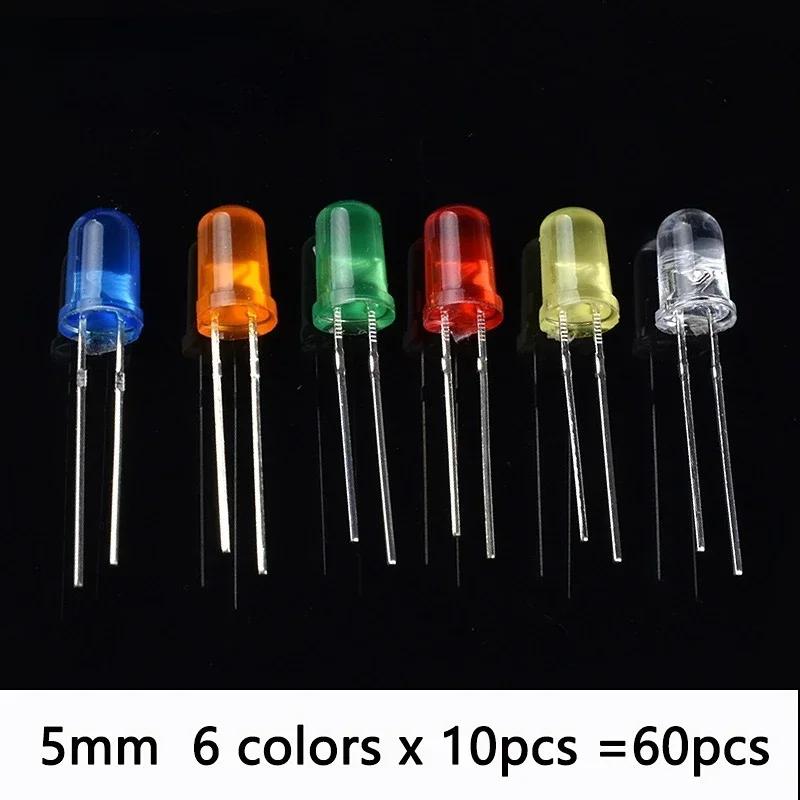 60PCS/Set 3MM 5MM LED Light Emitting Diode Assorted Kit F3 F5 LED Orange Yellow Red Green Blue White DIY LED Diode Assorted Kit