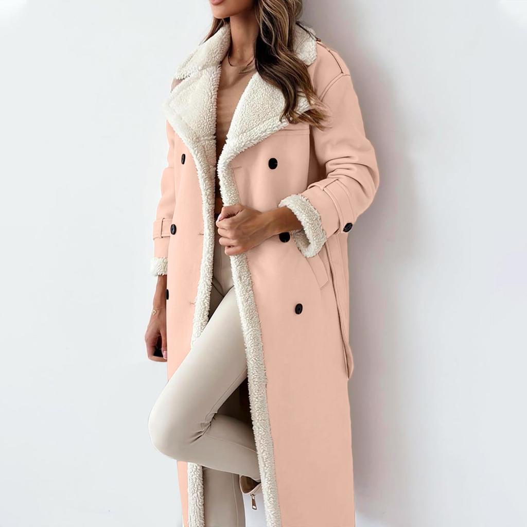 Women's Jacket Long Solid Color Fashionable Solid Color Stand Collar Lapel Coat Composite Leather Plush Coat