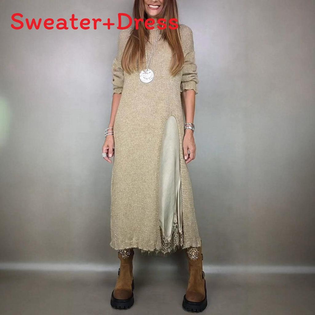 Autumn Lace Slip Dress Set With Spliced Knit Top For Elegant Office Women