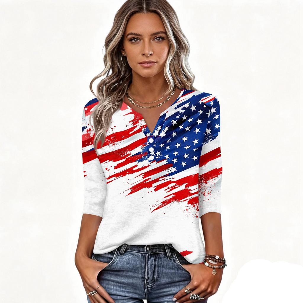Women's T Shirt Independence Day Print Button 3/4 Sleeve Daily Weekend Fashion Basic V- Neck Regular Top