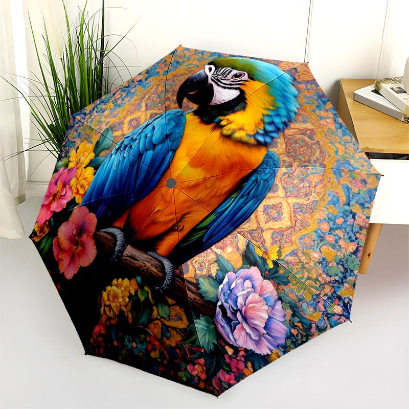 Flower Parrot Pattern, Automatic Folding Umbrella, Portable and Foldable Design, 8 Ribs, a Christmas or Birthday Gift.