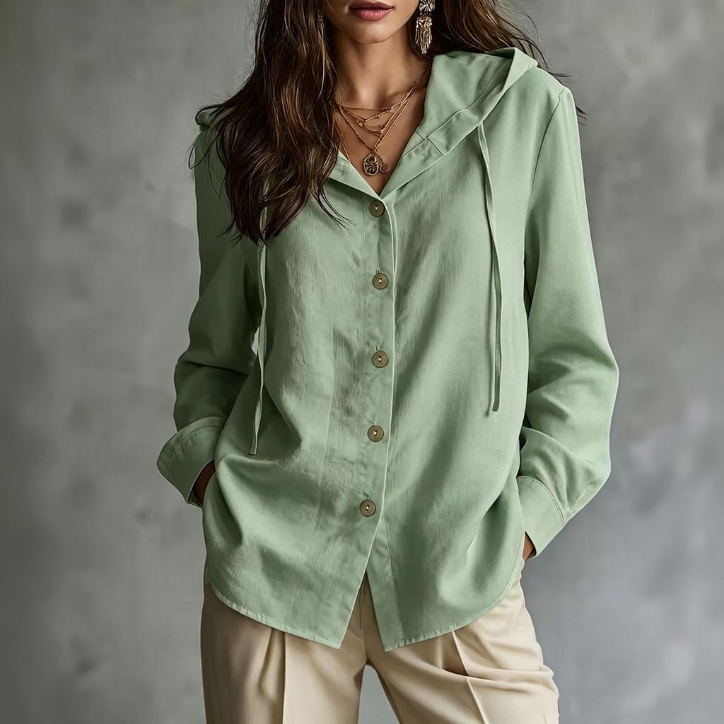 Women's Casual Long Sleeve Hooded Shirt with Drawstring, Wooden Buttons and Patch Pockets - Loose Fit