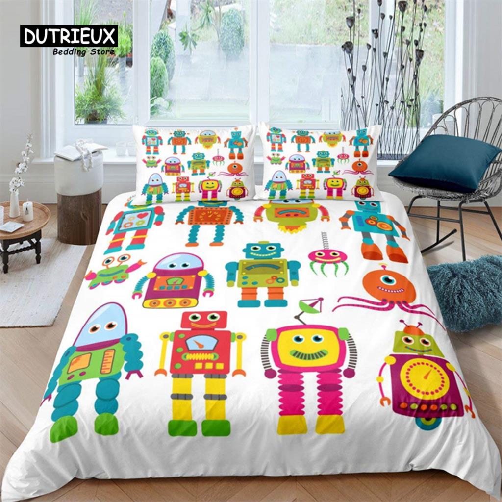 Robot Duvet Cover Set Cartoon Space Robot Bedding Set Patchwork Transformer Futuristic Machine Comforter Cover Twin Full For Boy