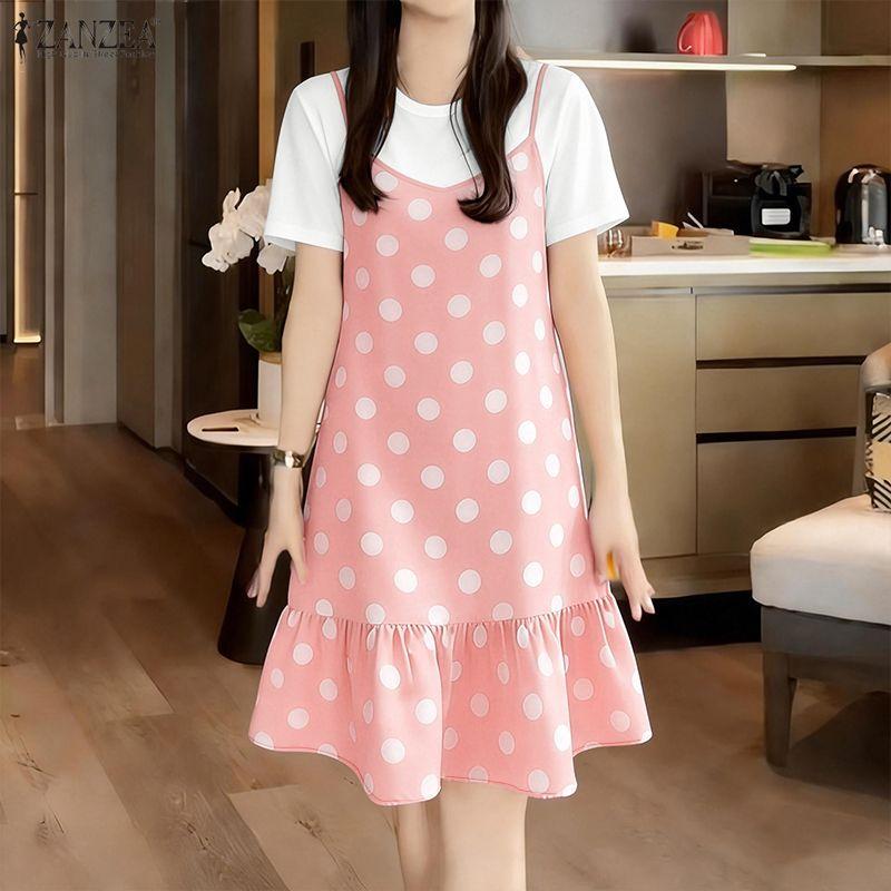 ZANZEA Women Casual Round Neck Short Sleeve Polka Dot Print Patchwork Summer Dress