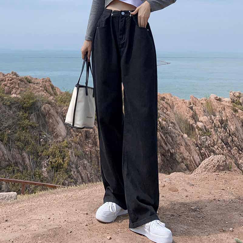 

Women s Black-Gray Adjustable High-Waist Wide-Leg Denim Pants - Petite Spring Straight-Fit, Floor-Length 2XL