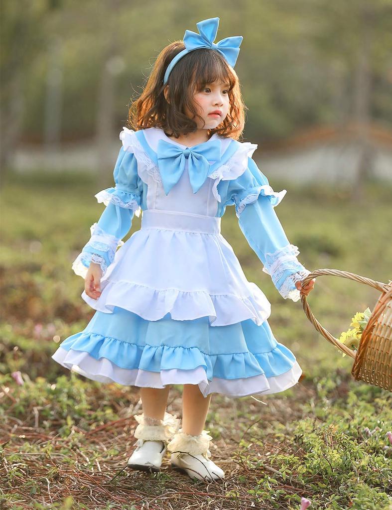 YUEEI Maid Costume for Fancy One Short Long Performance Bow 5 Piece Set Kids, Alice, Halloween, Cosplay, Dress, Girls, Piece, Sleeve, Sleeve, Cute,