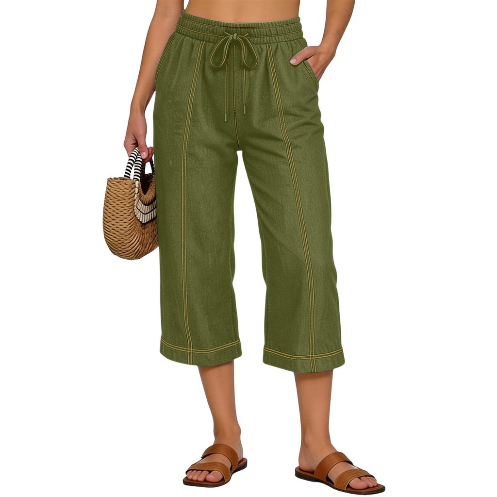 Women's Fashion -Color Loose-Fit Tie-Waist Casual Cropped Pants