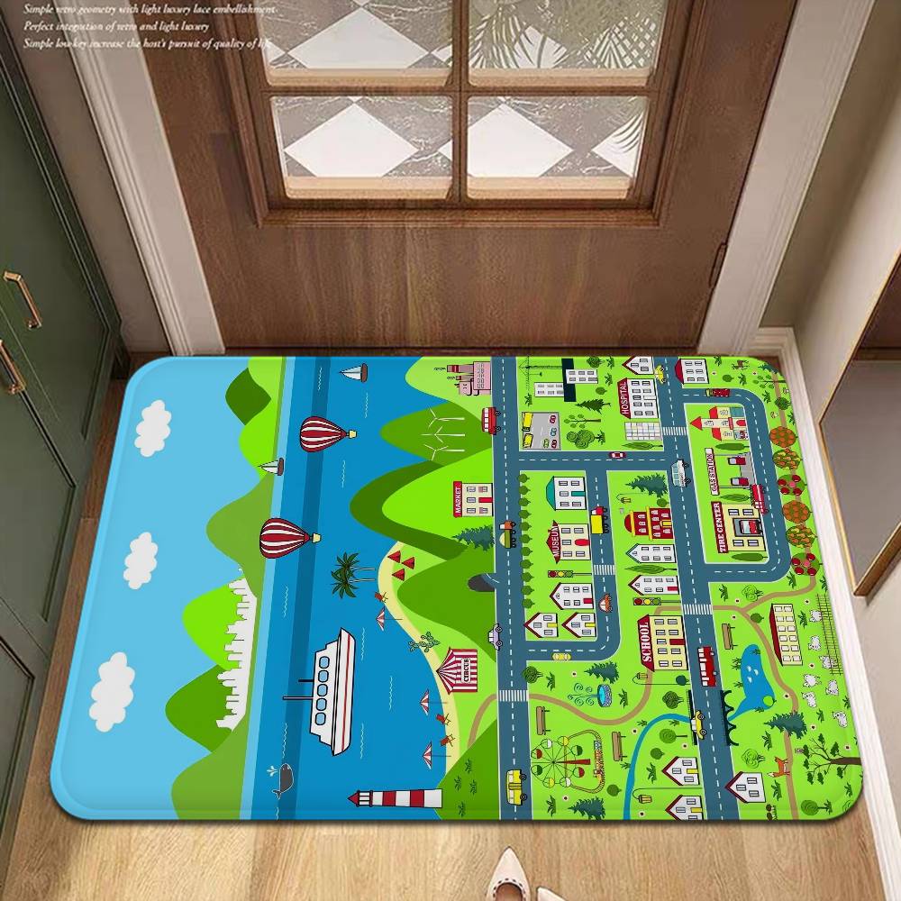 Child Urban City Road Traffic Learning Interactive Game Kitchen Mat Kids Room Bedroom Decoration Balcony Anti-Slip Doormat