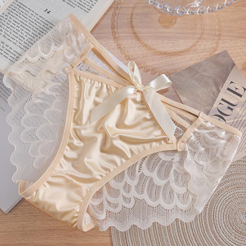 French High-Slit Satin Lace Bow Panties - Sexy, Breathable, Lightweight, Low-Waist Triangle Design