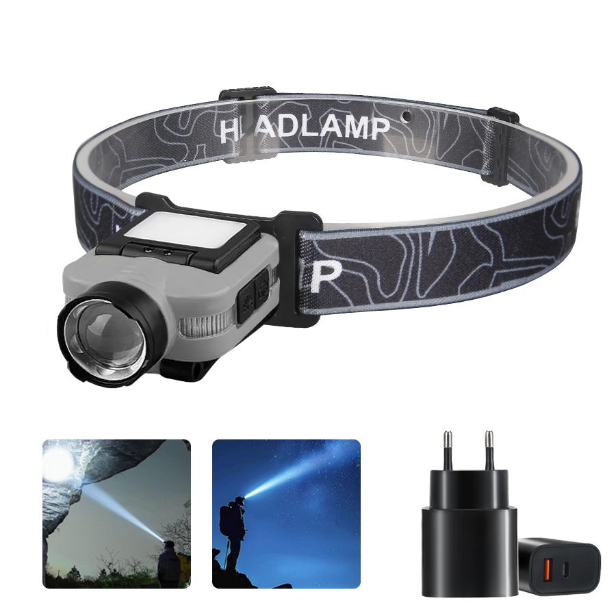 Inductive COB Headlamp,Portable Zoom Headlight,5 Modes Head Lamp, USB Rechargeable Working Flashlight Fishing Running Climbing
