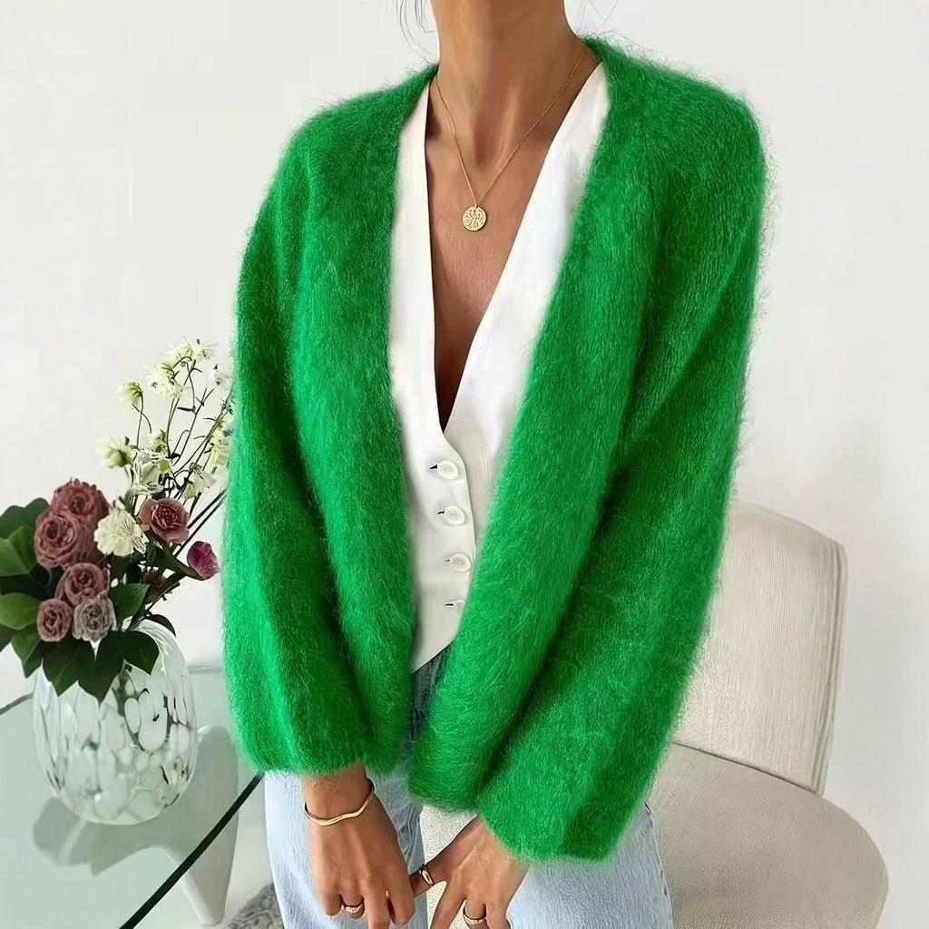 Pure Color Faux Mink Fur V-Neck Women's Cardigan - Loose Fit & Larger Sizes Available