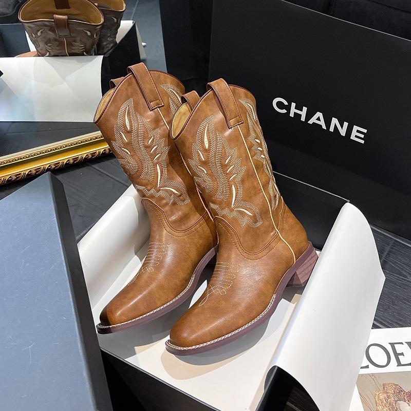 Square head mid-tube western cowboy boots versatile rough heel summer Martin boots retro embroidered knight boots women