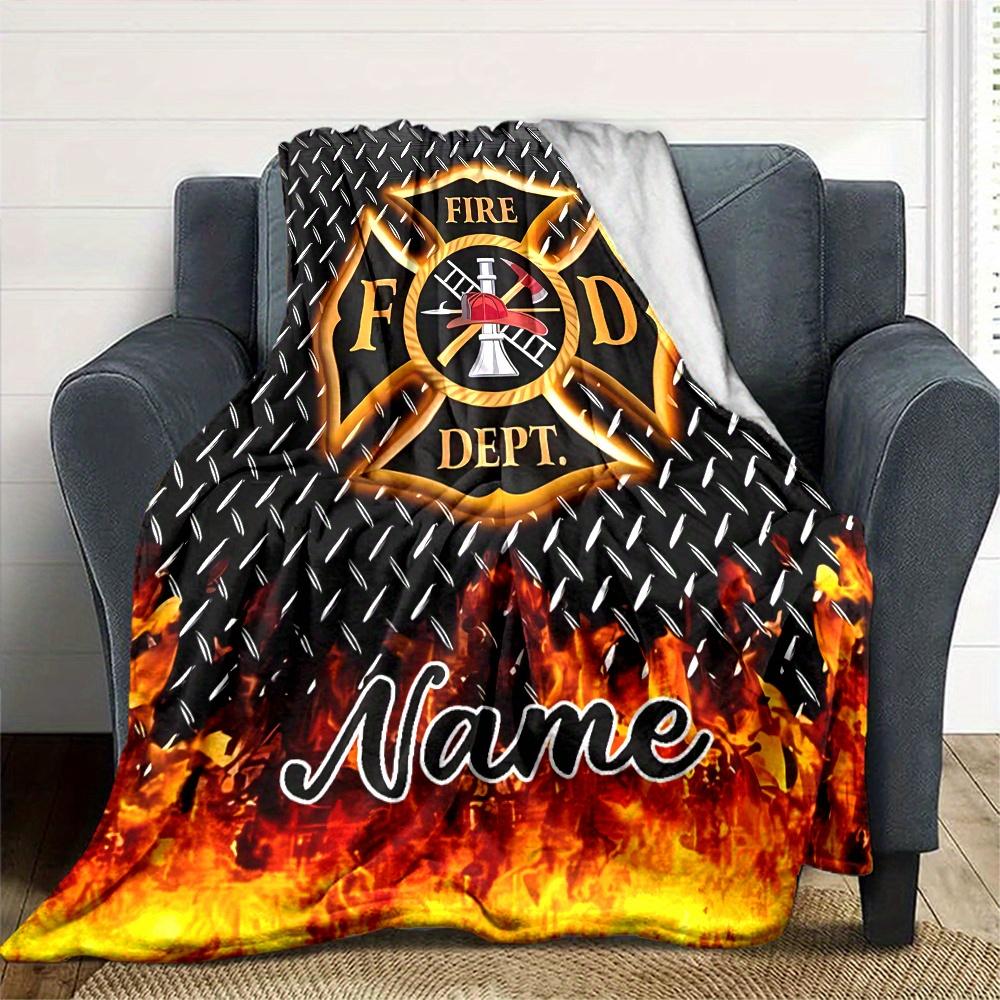 Firefighter Flames Blanket With Customizable Name Four Seasons Comfortable Shawl Blanket Suitable For Home Travel Camping Office Decoration Perfect