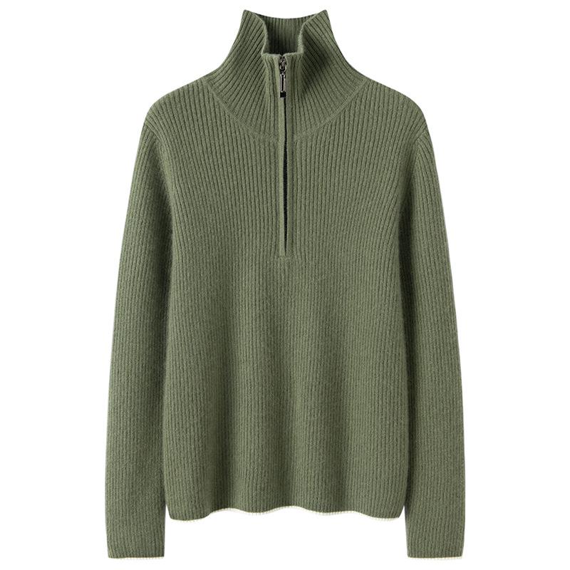 Women's Autumn/Winter 2026 Half-Zip Cashmere Sweater - Lapel Vertical Stripe, Gentle Style Loose Slimming Knitwear
