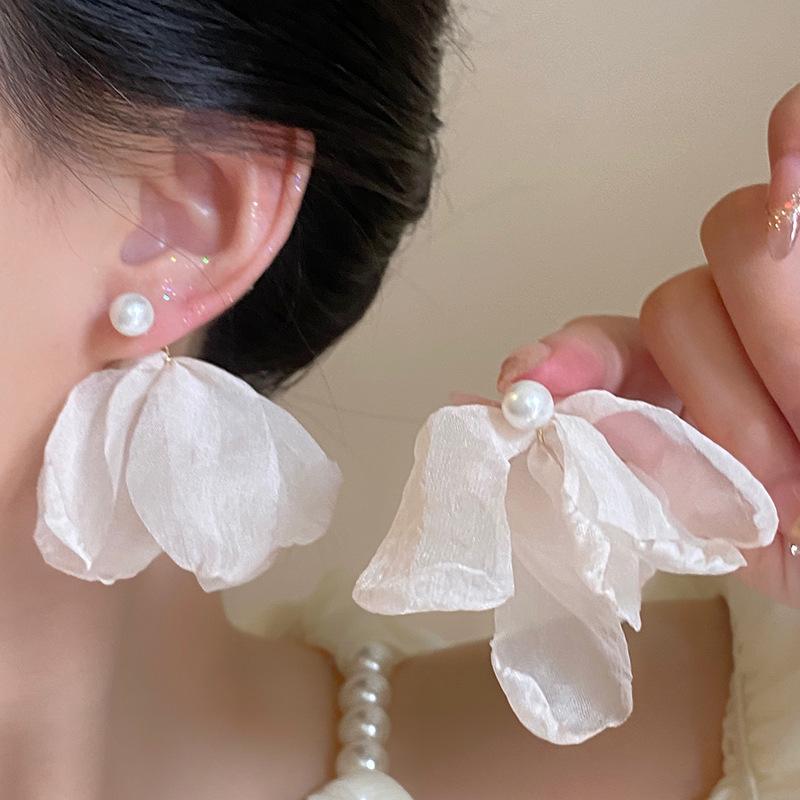 Delicate Pink Large Flower Earrings for Women Girls Fashion Imitation Pearl Pendant Earrings Christmas Jewelry Accessories