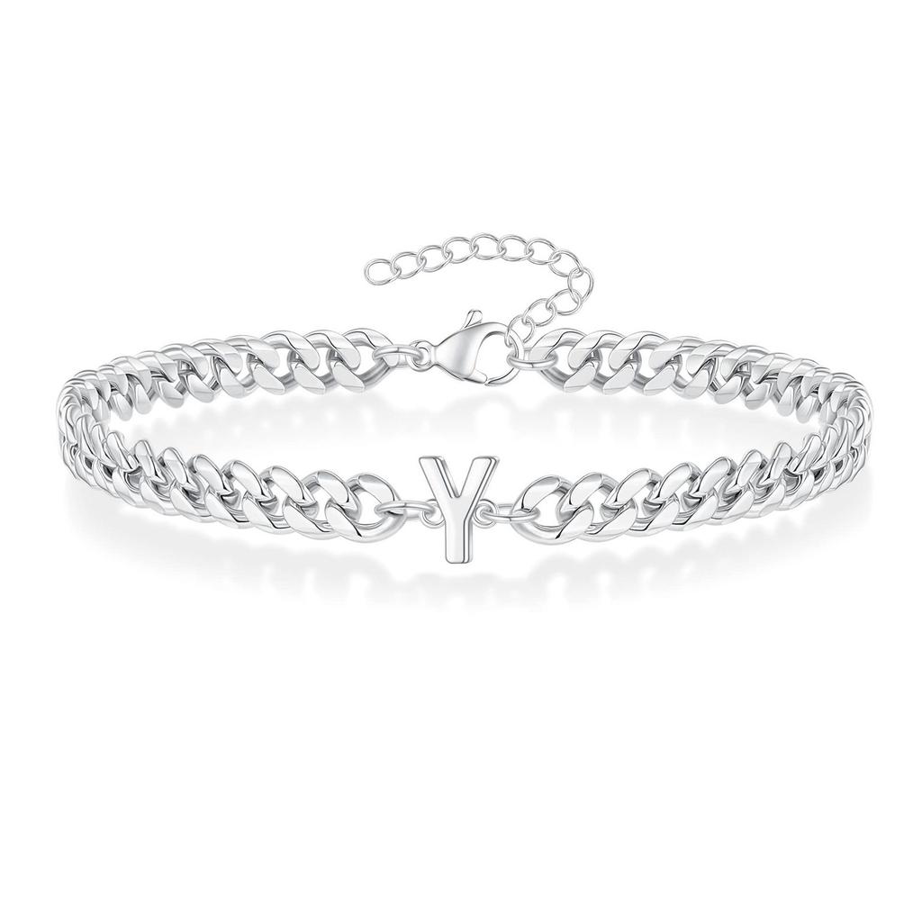 Vnox A-Z Iniziale Braccialetti a Catena Cubana per Uomo Donna, Acciaio Inossidabile Colore Argento Maglie Ovali, Braccialetto con Ciondolo Lettera Nome Regalo