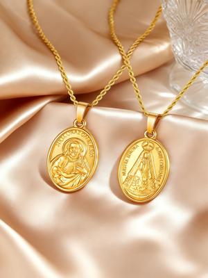 18K Gold Plated Double Sided Blessed Virgin Mary Necklace for Women Men, Round Pendant Stainless Steel Religious Jewelry Gift