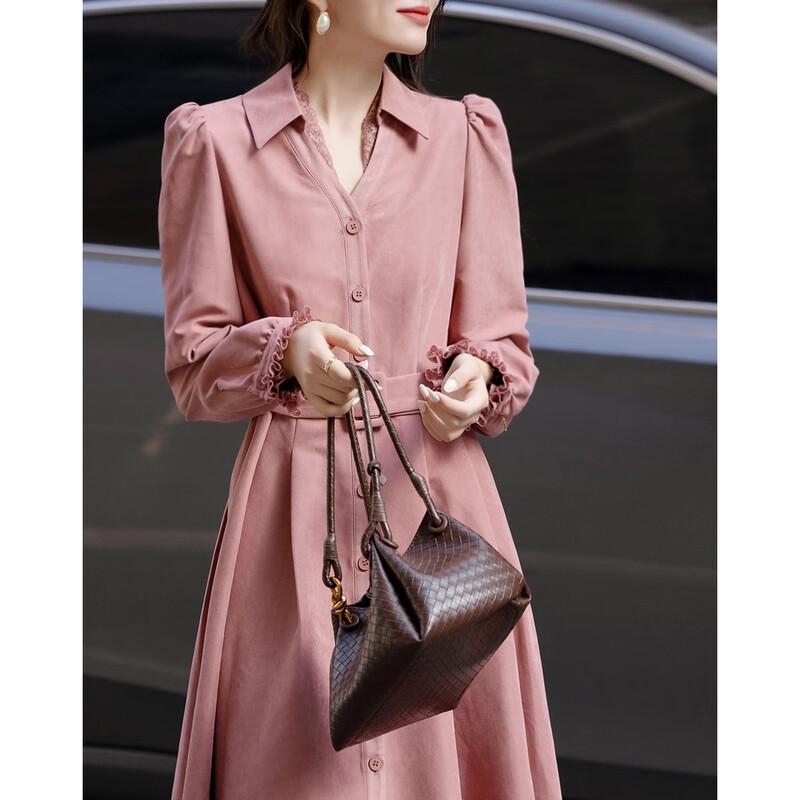 Demana Elegant Peach Velvet V-Neck Lace Puff Sleeve Dress