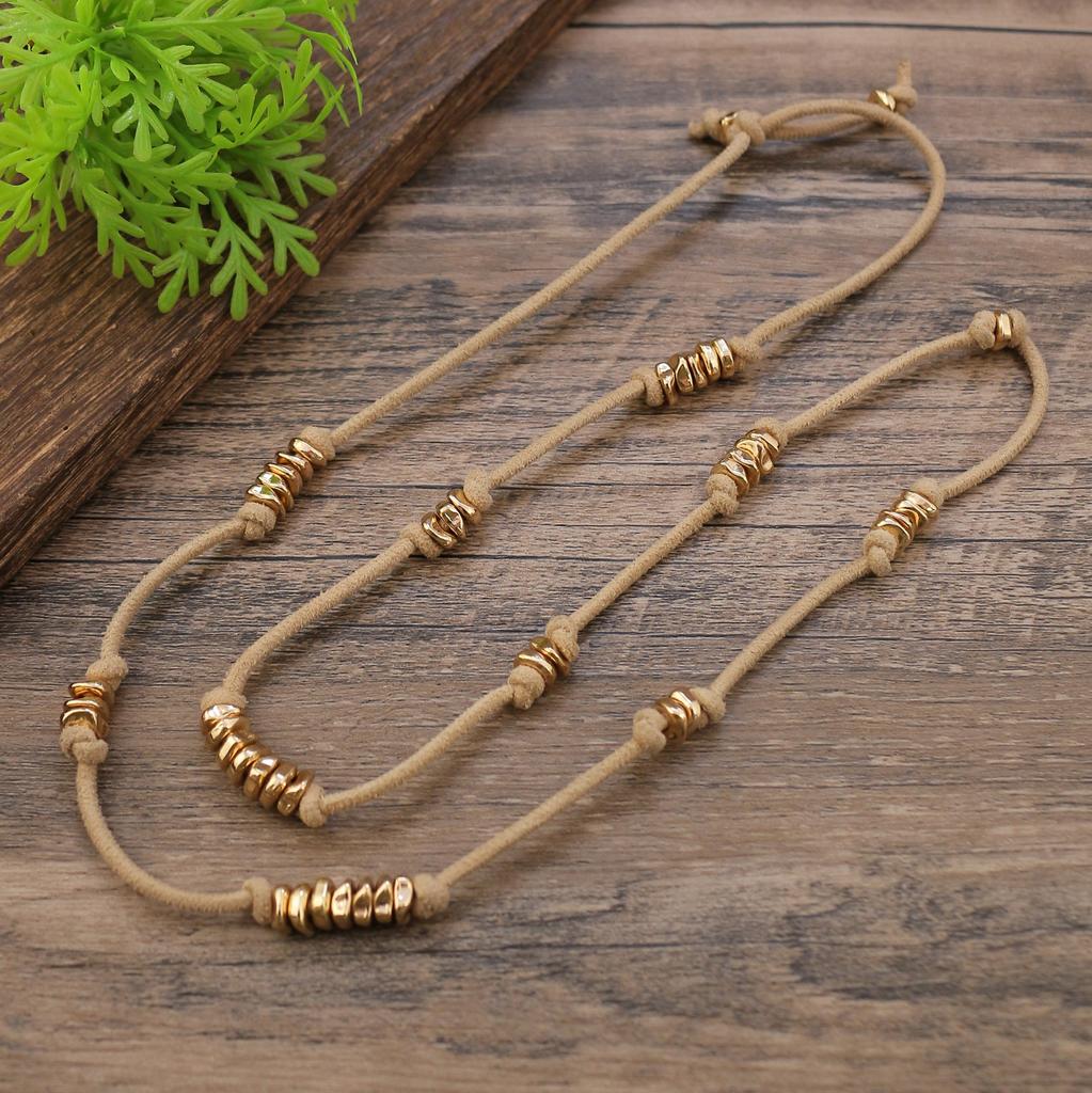 New retro leather rope metal beaded cable long necklace, women's bohemian leather rope necklace