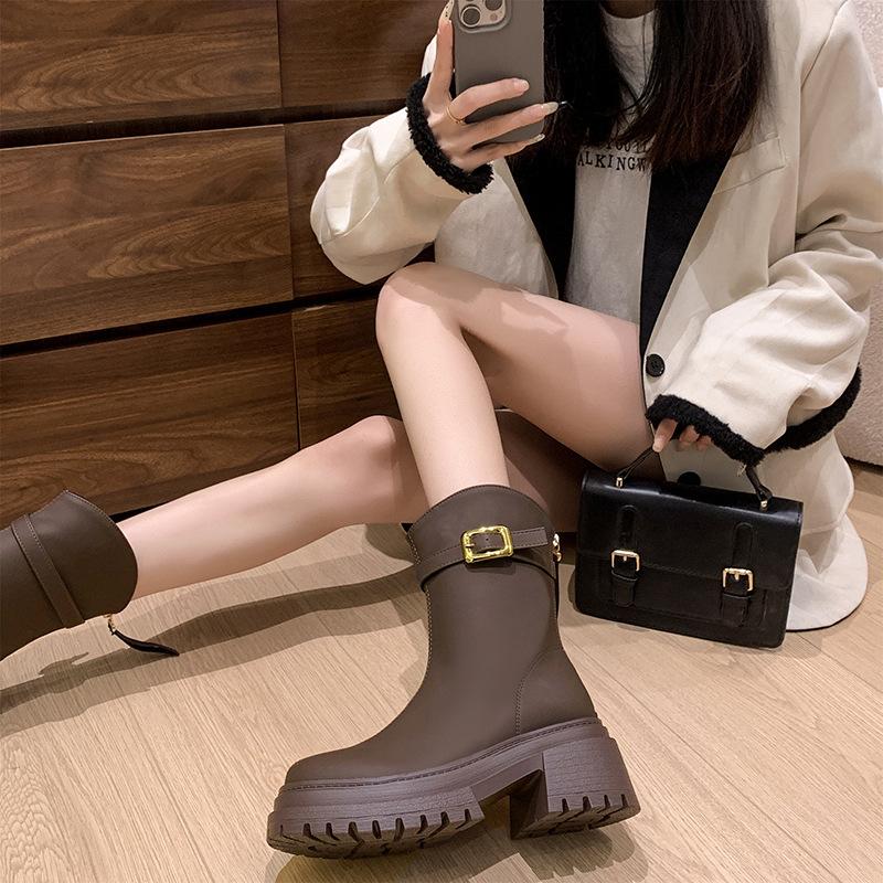 Thick-soled Martin boots women's non-slip medium boots autumn and winter new fashion belt buckle thin boots rear zipper short boots
