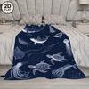 1pc Soft & Cozy Flannel Blanket - Oceanic Sea Creatures Print with Whale Shark, Manta Ray, Octopus, Turtles & Jellyfish - Dark B
