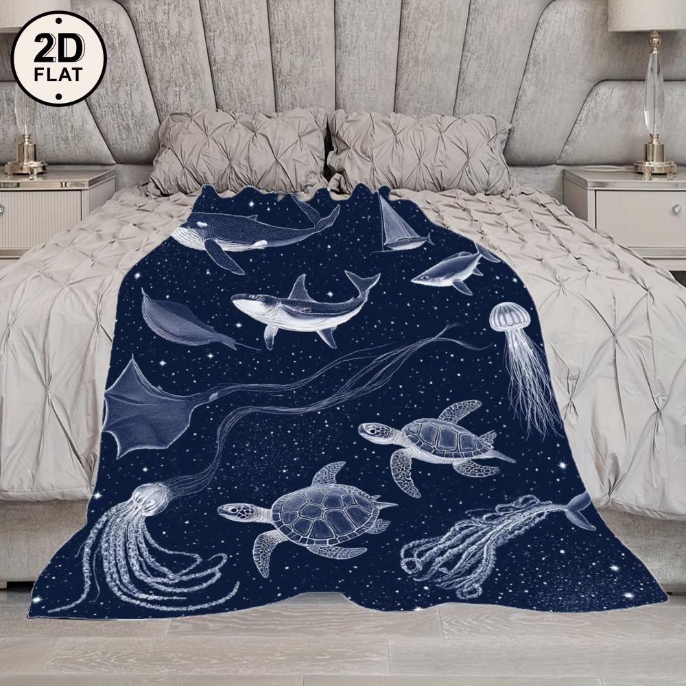 1pc Soft & Cozy Flannel Blanket - Oceanic Sea Creatures Print with Whale Shark, Manta Ray, Octopus, Turtles & Jellyfish - Dark B