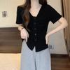 Women Beige V Neck Ruched Button Down Short Sleeve Top