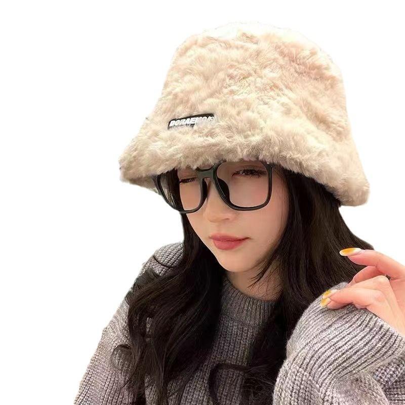Hat female winter bucket hat sweet plush hat round face small face thickened warm ear protector basin hat female