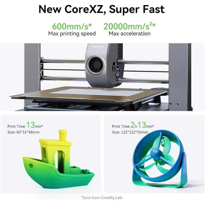 Imprimante 3D avec tête d'impression polyvalente pour PLA, TPU, PETG, ABS, PLA-CF, PETG-CF, CR-Carbon. Connectivité USB et Wi-Fi.