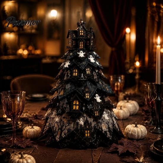 Halloween Theme Interior Decor Wooden Tree Ornament, 2D Flat Quilted Fabric Style Desktop Double Table Decorations Side Wood Sign for Home Party