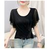 Summer Women's Mesh Color Block Design Lace Trim Rhinestone DetailsTrendy Short Sleeve T Shirts