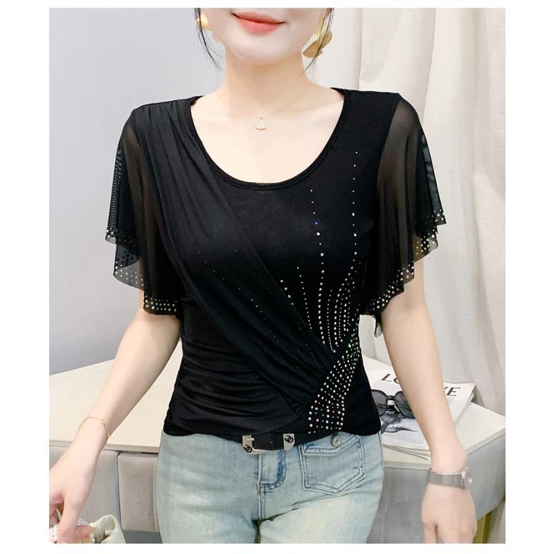 Summer Women's Mesh Color Block Design Lace Trim Rhinestone DetailsTrendy Short Sleeve T Shirts