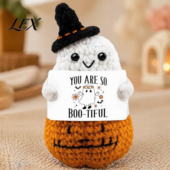 Adorable Holiday Party Favor Hand Knitted Halloween Ghost Ornament, Crochet Plush Doll with Tactile Comfort Sensory Toy Encouragement Card,