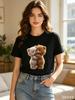 100% Polyester Women Cute Hugging Fluffy Bear Print T-Shirt Casual Short Sleeve O Neck Tees Fashion Cartoon Animal Graphic Tops