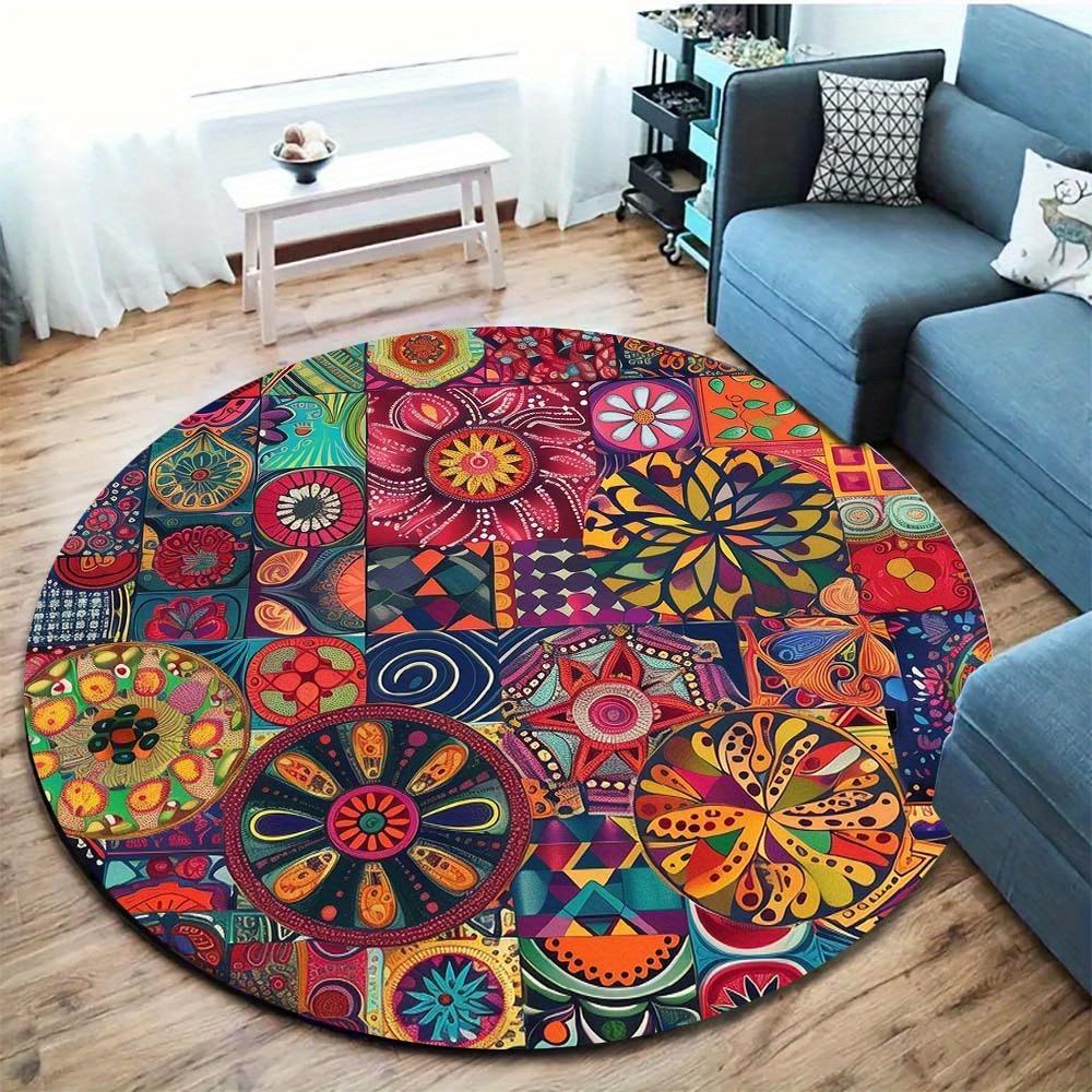 Round Ethnic Patchwork Print Rug Non-slip Floor Mat for Bedroom Living Room Room Home Decoration