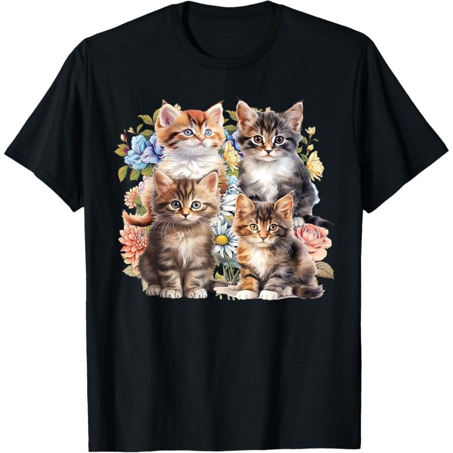 Vintage Cute Kitten Flower Cat Lover Cottagecore Aesthetic T-Shirt S