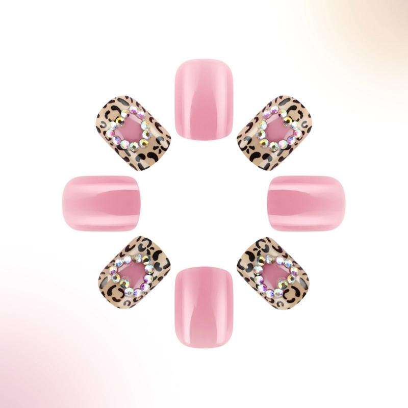 24 Pcs False Nail with Rhinestones Valentines Day Press On Nail Leopard Heart Acrylic Nail Full Cover Stick On Nail