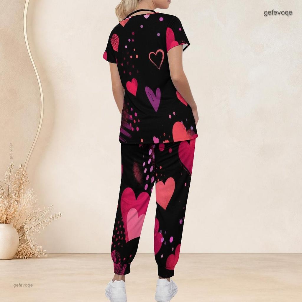 Women Plus Size V Neck Short Sleeve Scrub Set Retro American Flag Star Stripe Print Nurse Uniform Set