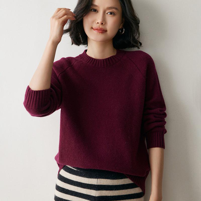 Women's Cozy Raglan Cashmere Sweater - Thick, Loose Knit, Round Neck Base Layer for Autumn and Winter