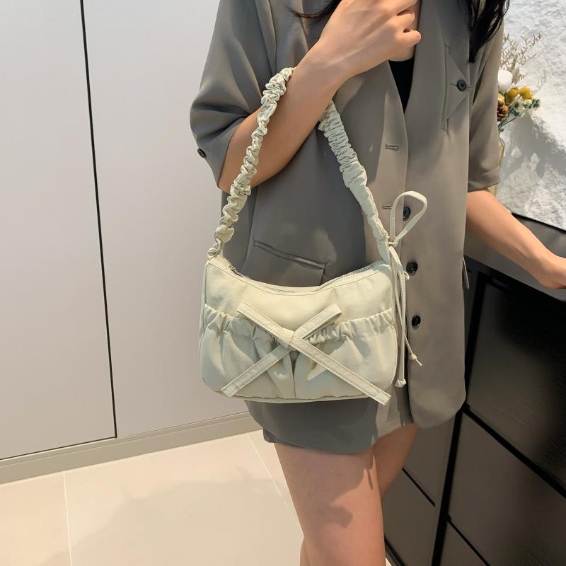 Women Fashion Shoulder Bag with Ruched Drawstring Strap Bow Leisure Satchel Bag Solid Color Cute Sling Bag Ladies Outdoor Bag