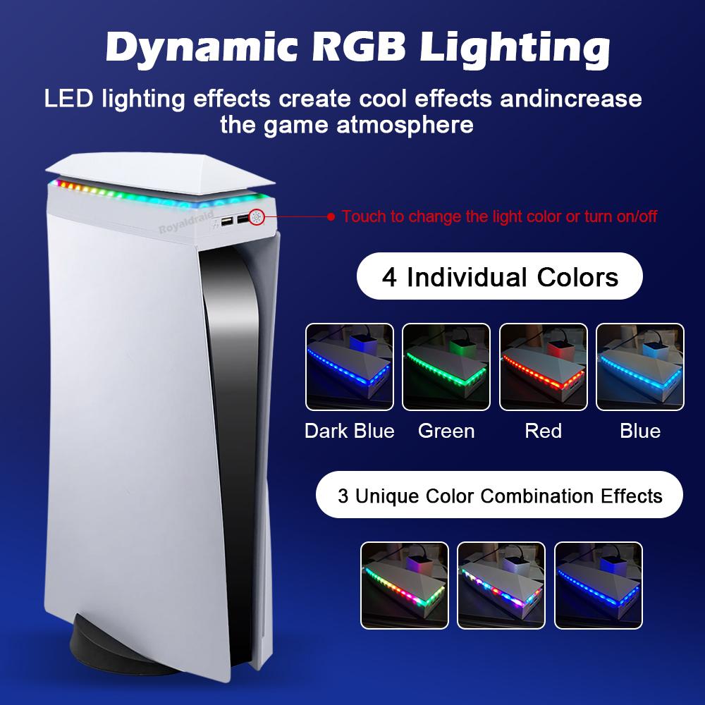 White Upper Cooling Fan Base Game Cooler Stand Bracket with RGB Atmosphere Colorful Lighting LED for PS5 Console with Dust Cover