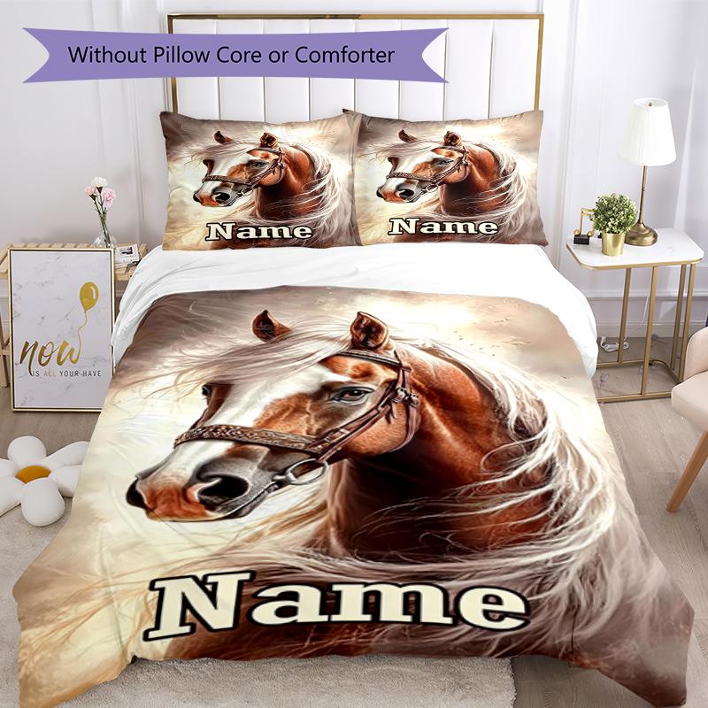 3pcs Custom Name Horse Bedding Set Duvet Cover Closure Includes 1 Duvet Cover & 2 Pillowcases, Soft and Comfortable for All Seasons.