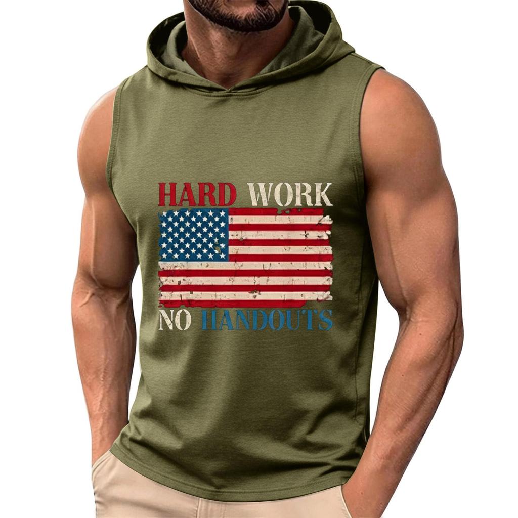 Men's Sleeveless Hoodie Tank Top Casual Muscle Shirt with American Flag Graphic Print Hard Work No Handouts Design for Summer