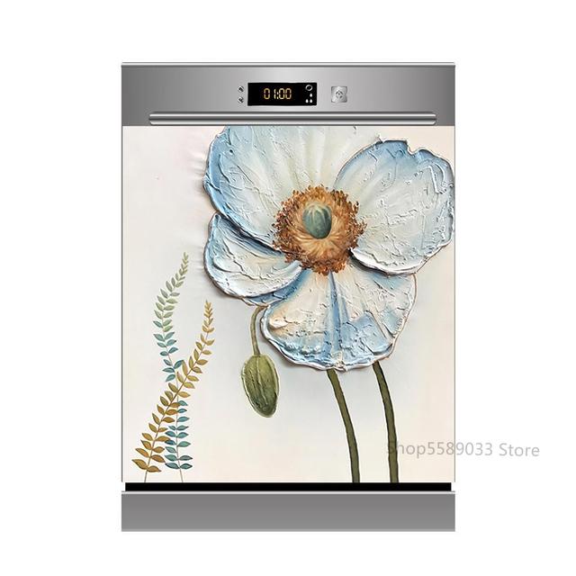 Lotus White Rose Kitchen Dishwasher Door Sticker Home Furniture Renovation Waterproof Vinyl Wallpaper Buddha Flower Room Decor