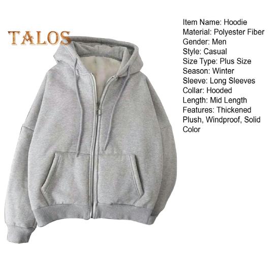 Fall Winter Men Coat Zip-up Long Sleeves Elastic Cuff Thick Plus Size Drawstring Plush Solid Color Loose Pockets Daily Sport Hoodie