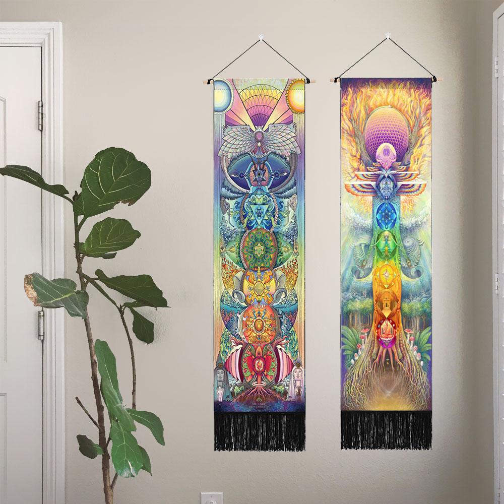 Seven Chakra Tapestry Vertical Wall Hanging Tree of Life Tapestry Tassel Yoga Meditation Tapestry for Bedroom Living Decoration
